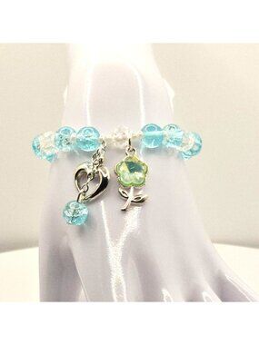 Blue Heart Bracelet, Flower Charm Bracelet, Beaded Bracelet Gift for Her, Light